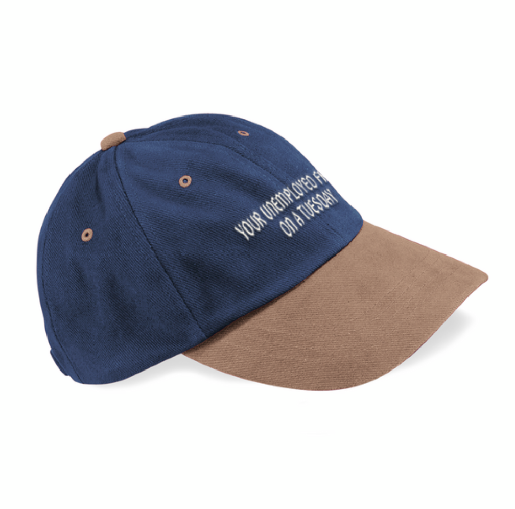 Blue and brown cap with text on a white background