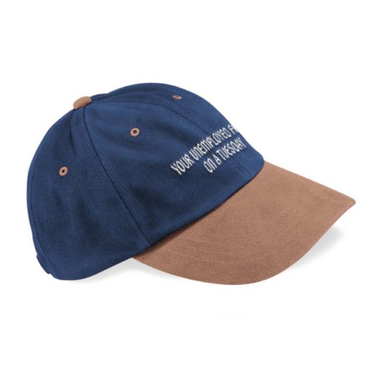 Blue and brown cap with text on a white background
