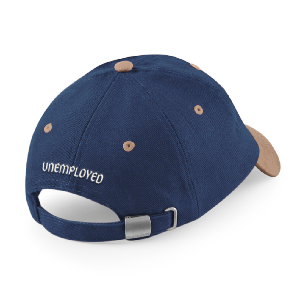 Blue cap with 'UNEMPLOYED' text on a white background